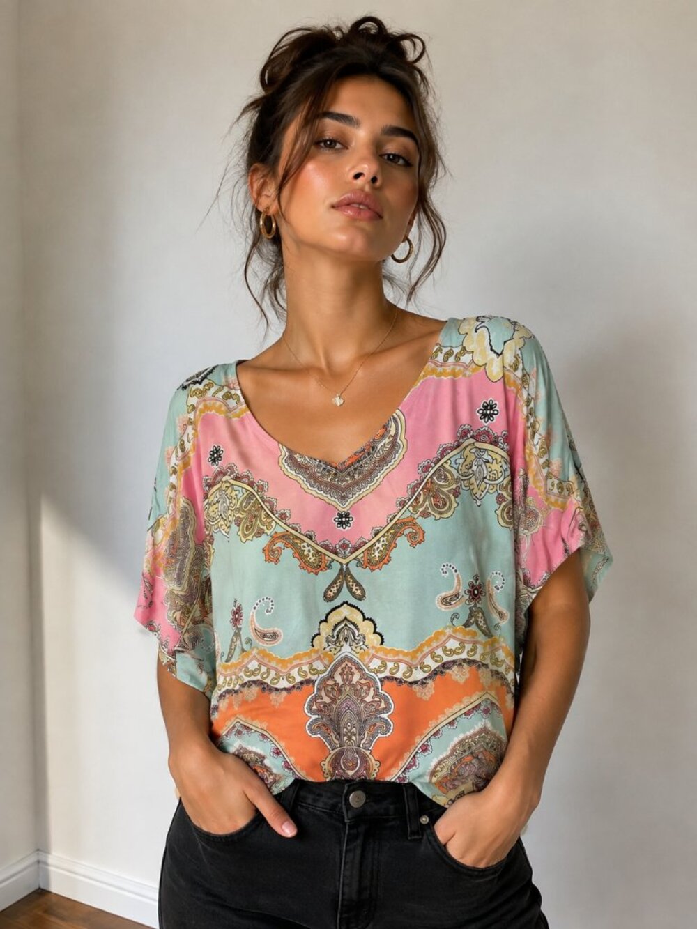 Cato Mint Pink Orange Paisley V-Neck Blouse